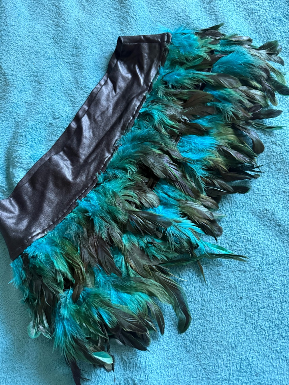 iheartraves teal green black mini feather skirt with pleather waist rave
